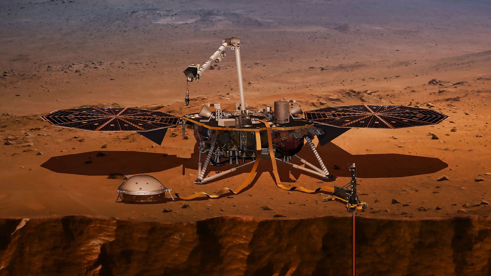 Ilustración facilitada por la NASA de la tecnología de la misión InSight en Marte