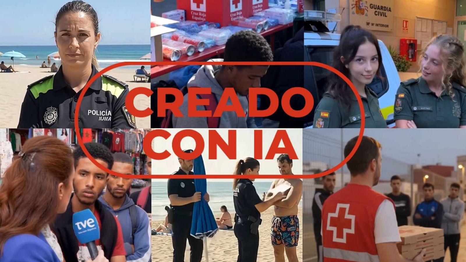 Capturas de vídeos difundidos en redes que suplantan a Policía Nacional, Cruz Roja, TVE y Guardia Civil, con sello creado con IA
