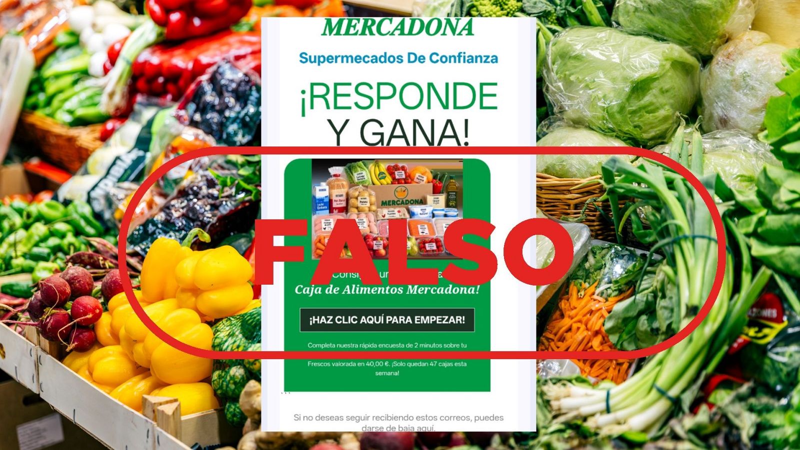 Mercadona no te regala una caja de alimentos por responder a una encuesta, es un fraude. Sello Falso / Getty images/VerificaRTVE