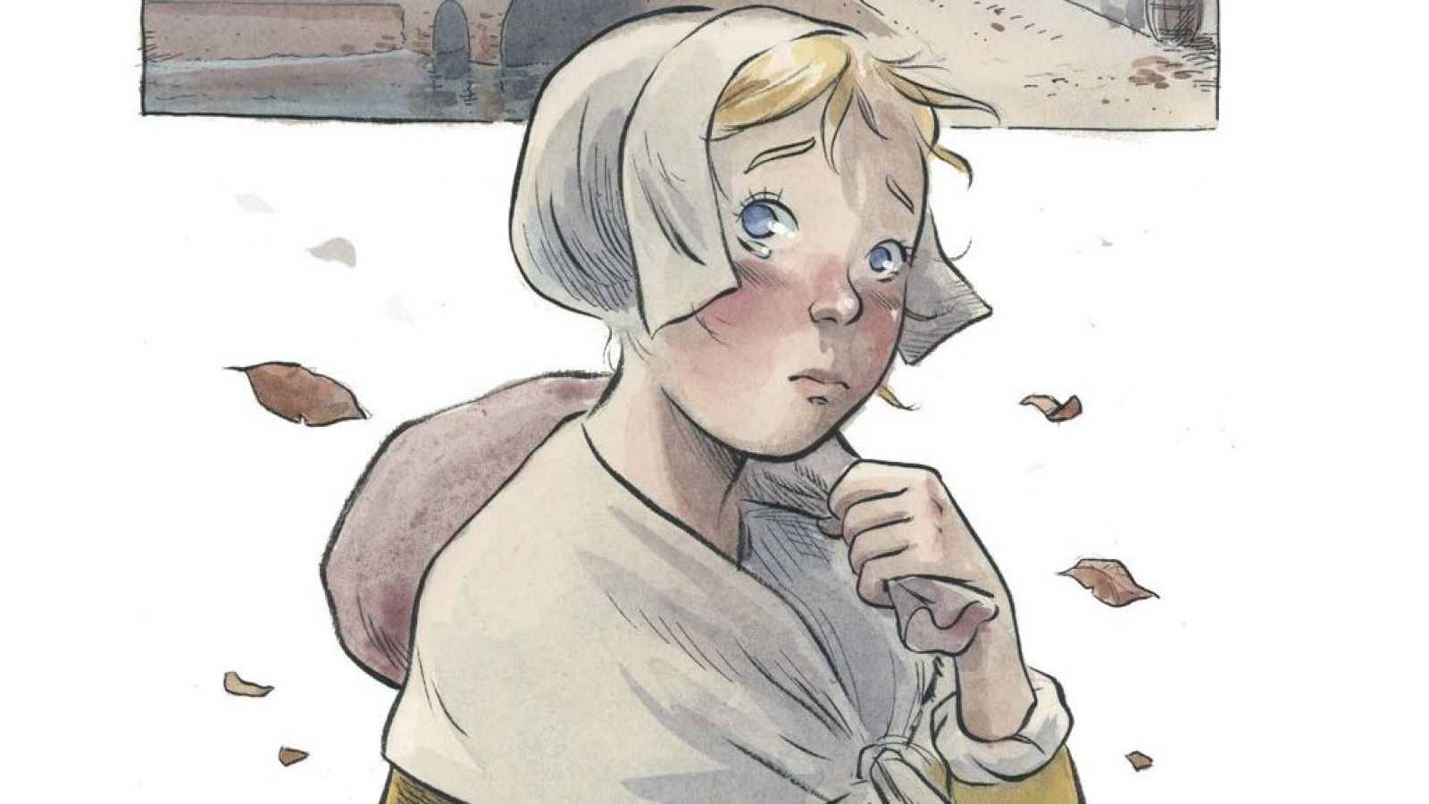 Ilustración de cómic de una niña con cofia blanca y expresión triste que carga un hatillo al hombro.
