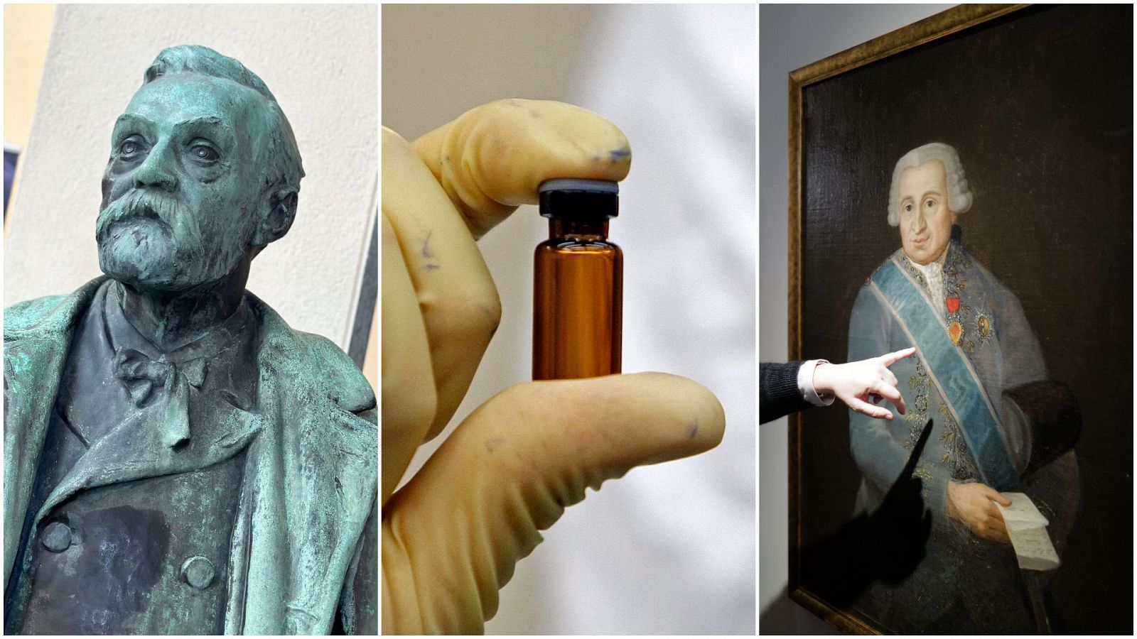 Estatua de Alfred Nobel, vial de la vacuna contra la tuberculosis y cuadro en el Museo Goya de Zaragoza.