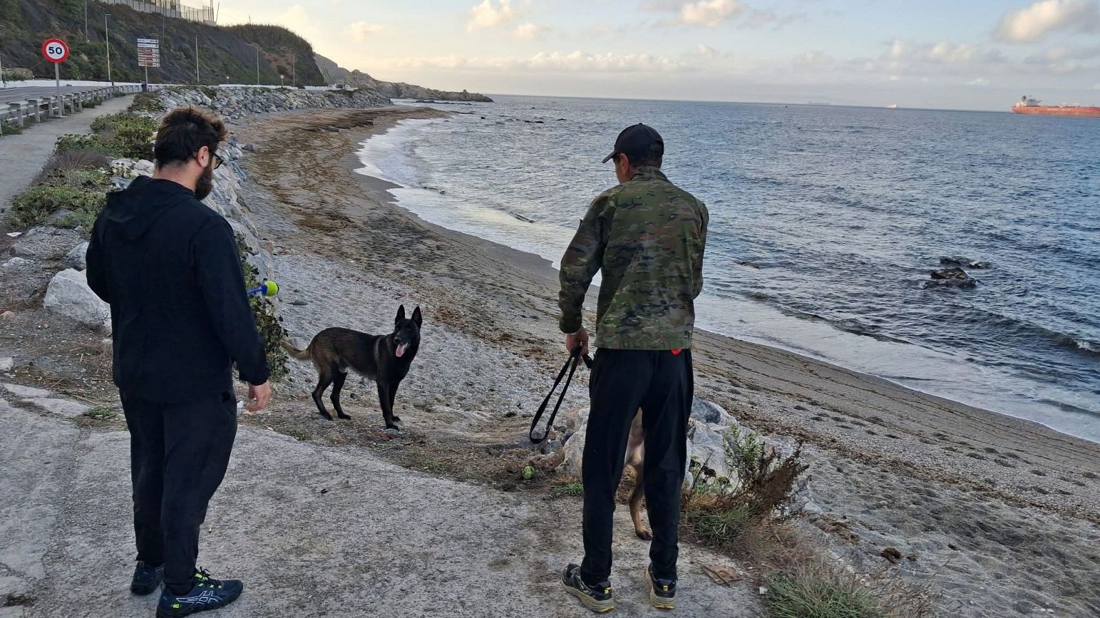 José y Alí con sus perros Tyson y Dumper en la playa de Calamocarro
