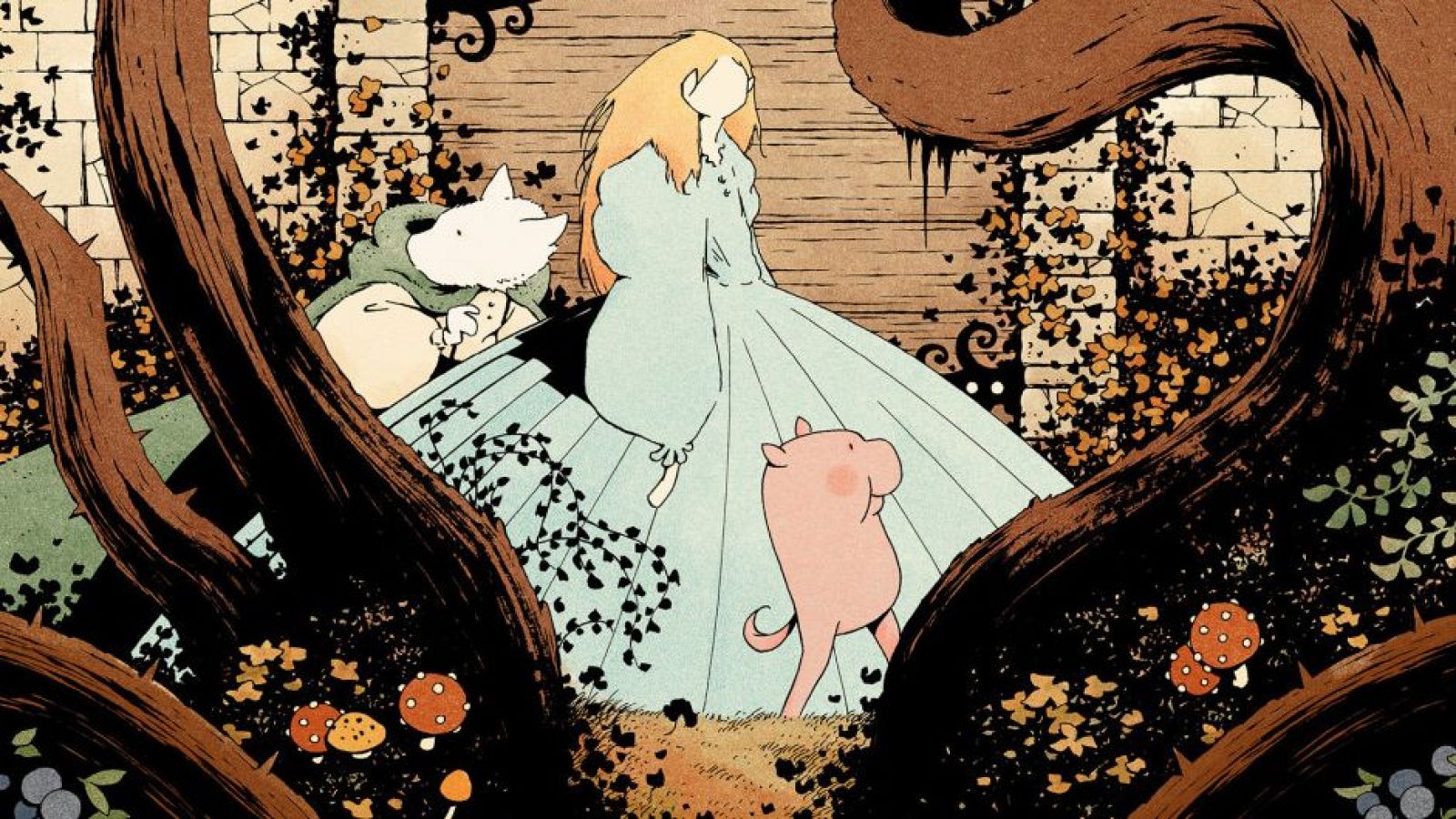 Ilustración de fantasía otoñal con una joven de vestido azul verdoso acompañada por dos criaturas y enmarcada por ramas con setas y hojas secas.