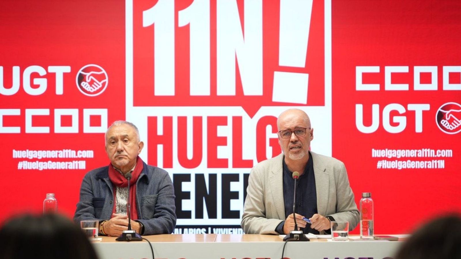 Pepe Álvarez (UGT) y Unai Sordo (CCOO) durante la rueda de prensa conjunta para explicar los objetivos de la huelga general del 11 de noviembre.