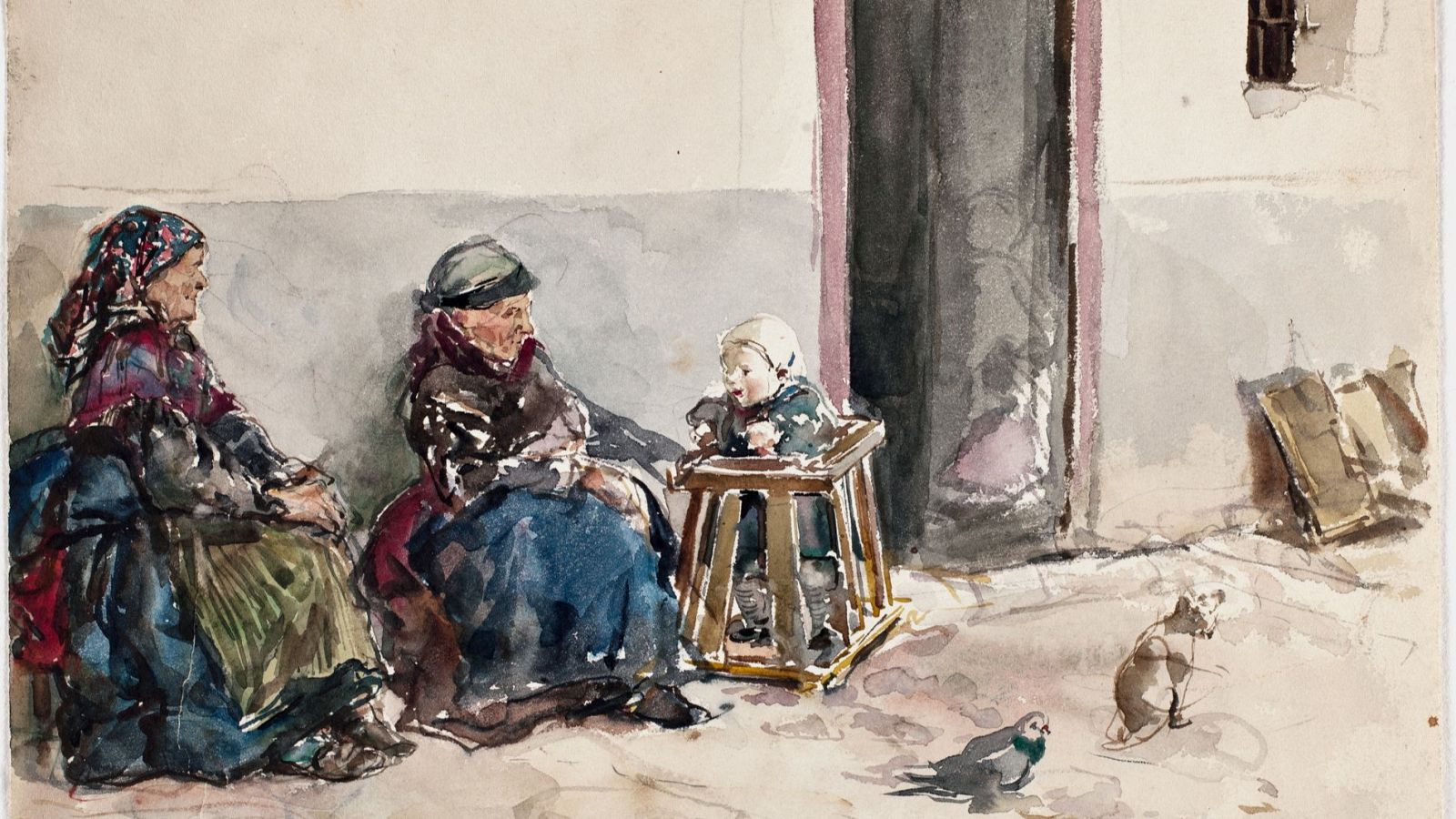 Detalle de 'Ancianas con una niña sentadas a la puerta de una casa' de Ricardo de Madrazo