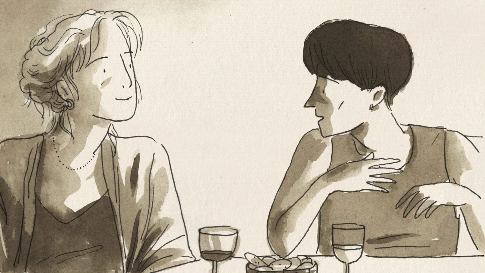 Ilustración de cómic donde dos mujeres comparten una conversación íntima alrededor de una mesa con copas de vino y aperitivos, sobre un fondo claro.