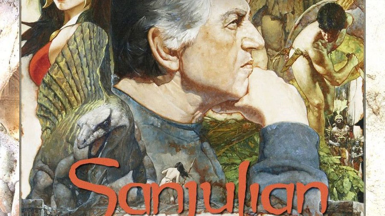 Retrato al óleo de Sanjulián rodeado de elementos de fantasía heroica, con una mujer, un reptil y guerreros, acompañado de su firma en tonos rojizos.