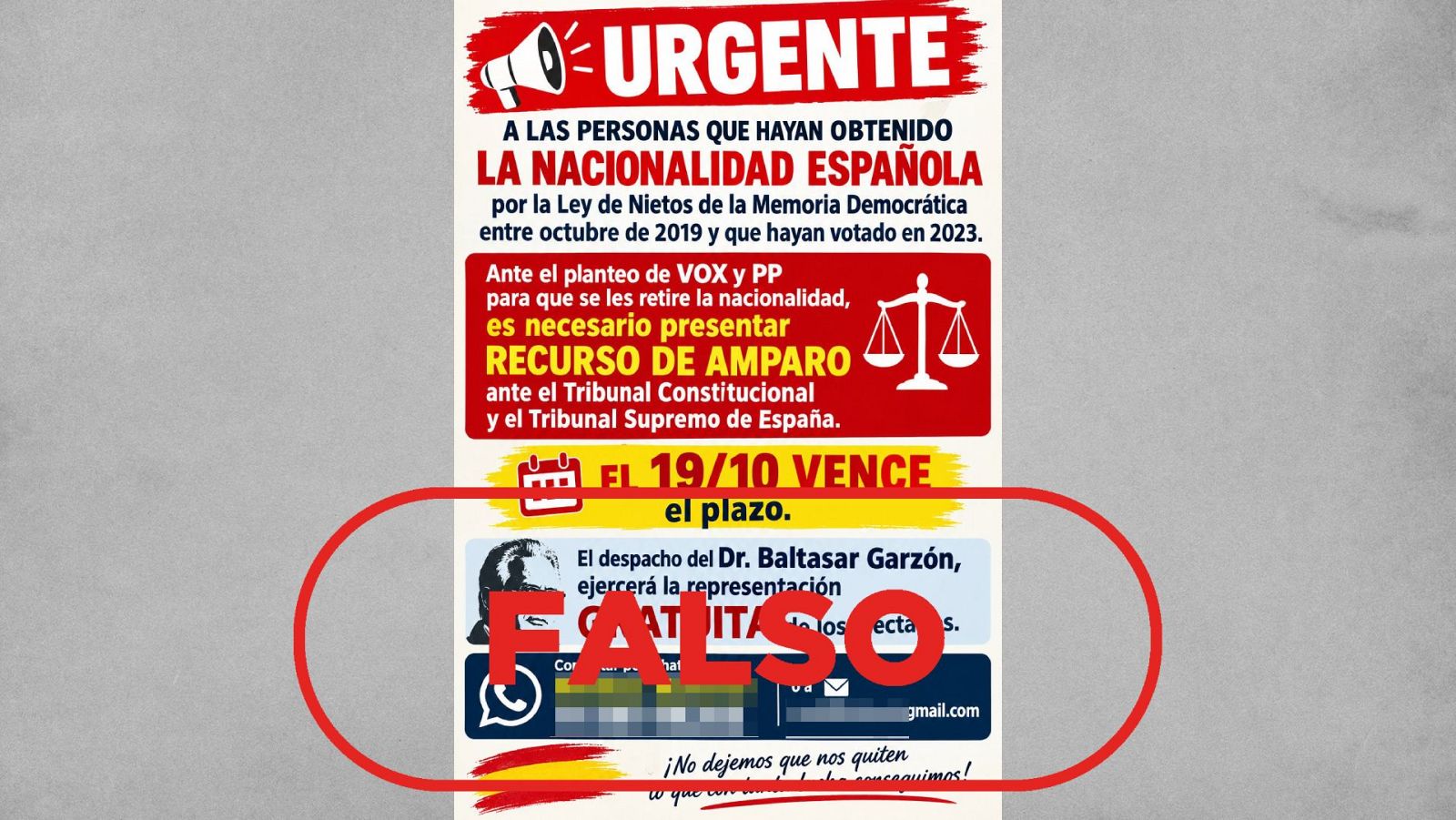 Cartel que insta a nacionalizados por la ‘ley de nietos’ a acudir a la justicia para que PP y Vox no les retiren la nacionalidad, con sello falso