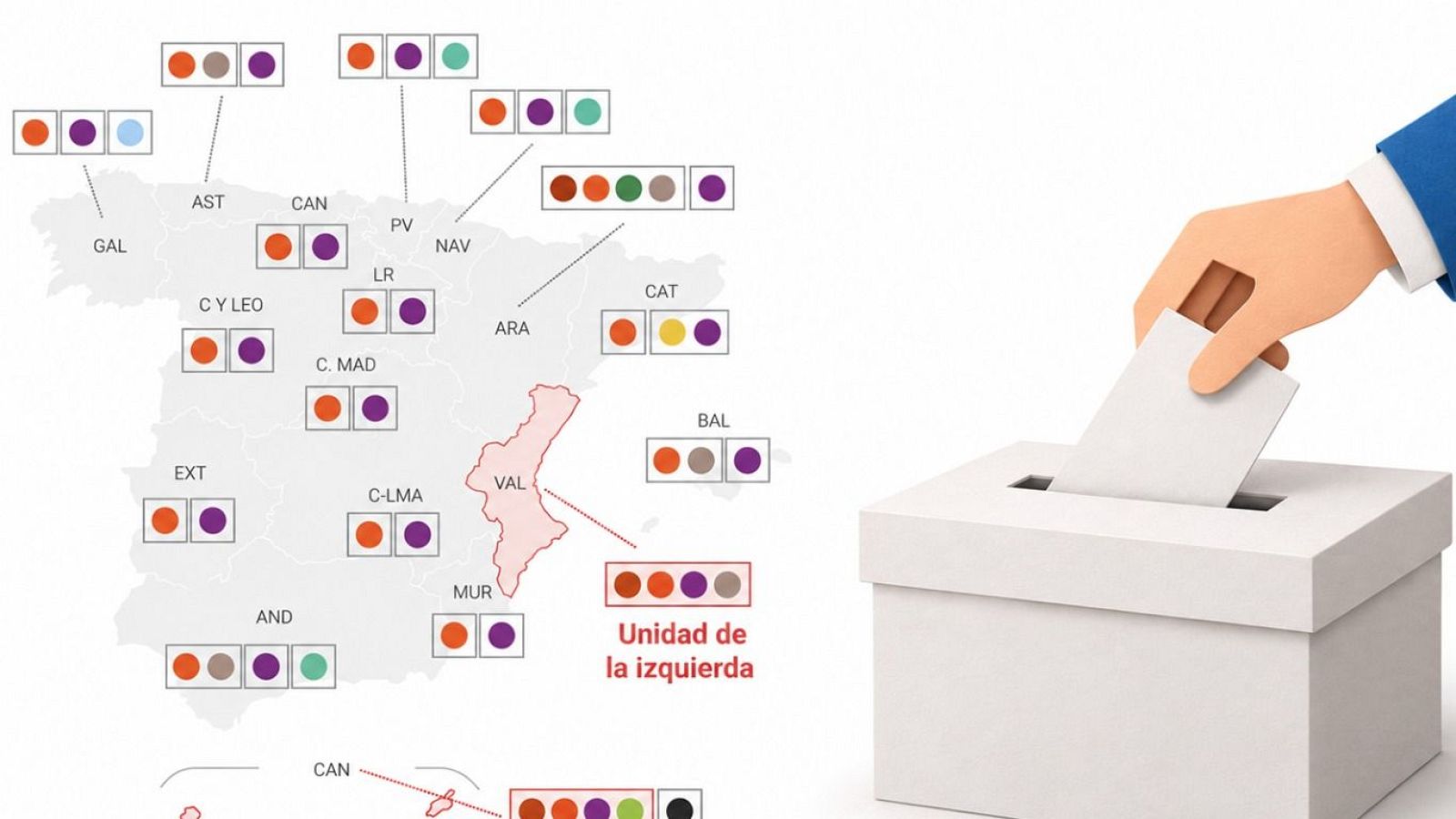 Mapa de los pactos de la izquierda para el 29N: qué siglas se presentan en cada circunscripción