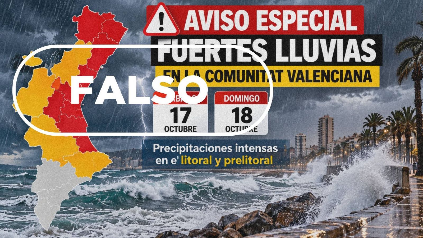 Infografía de un mapa con avisos por lluvia para el fin de semana en la Comunidad Valenciana con sello falso