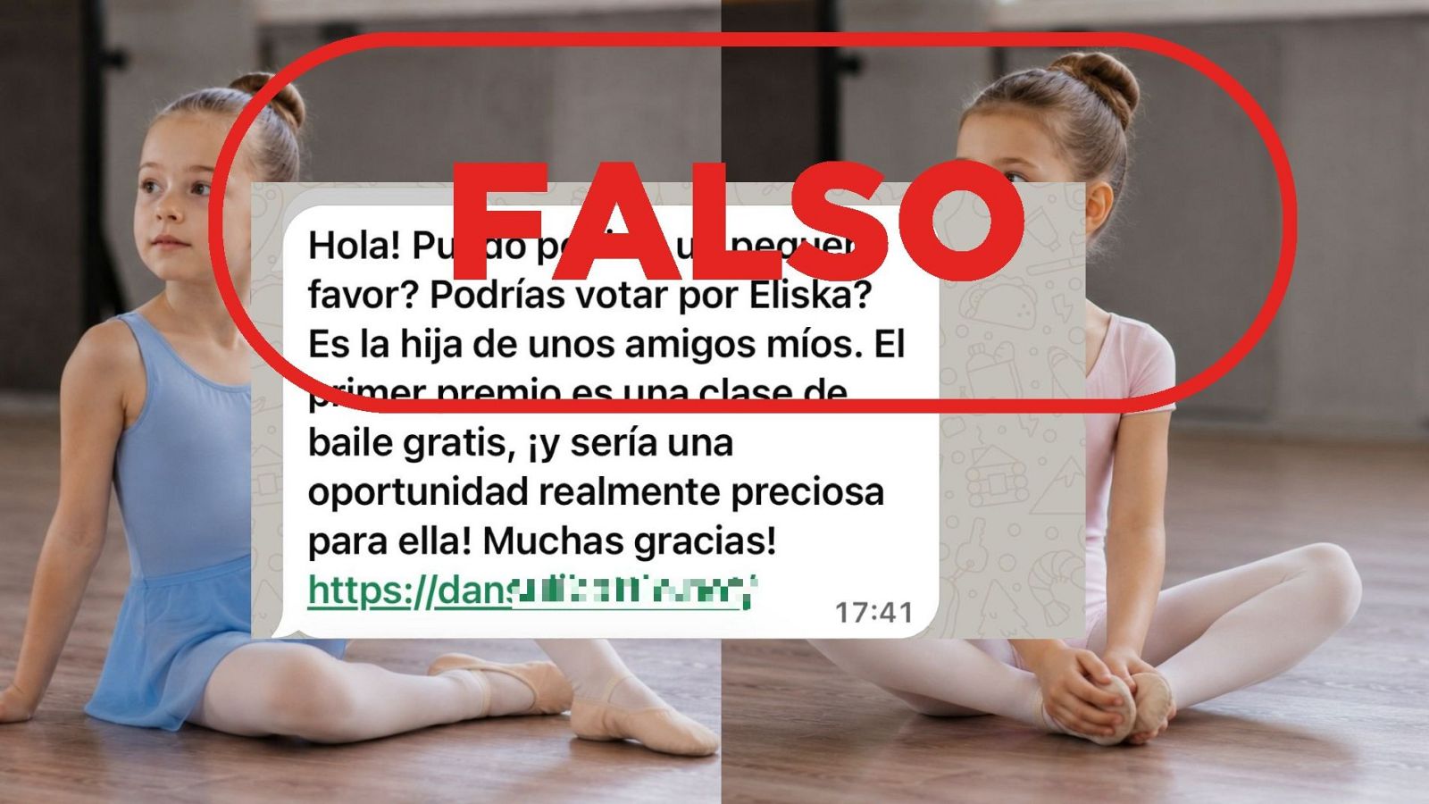 Mensaje fraudulento para dar apoyo a una bailarina e imágenes generadas con IA de la niña, con sello 'falso'