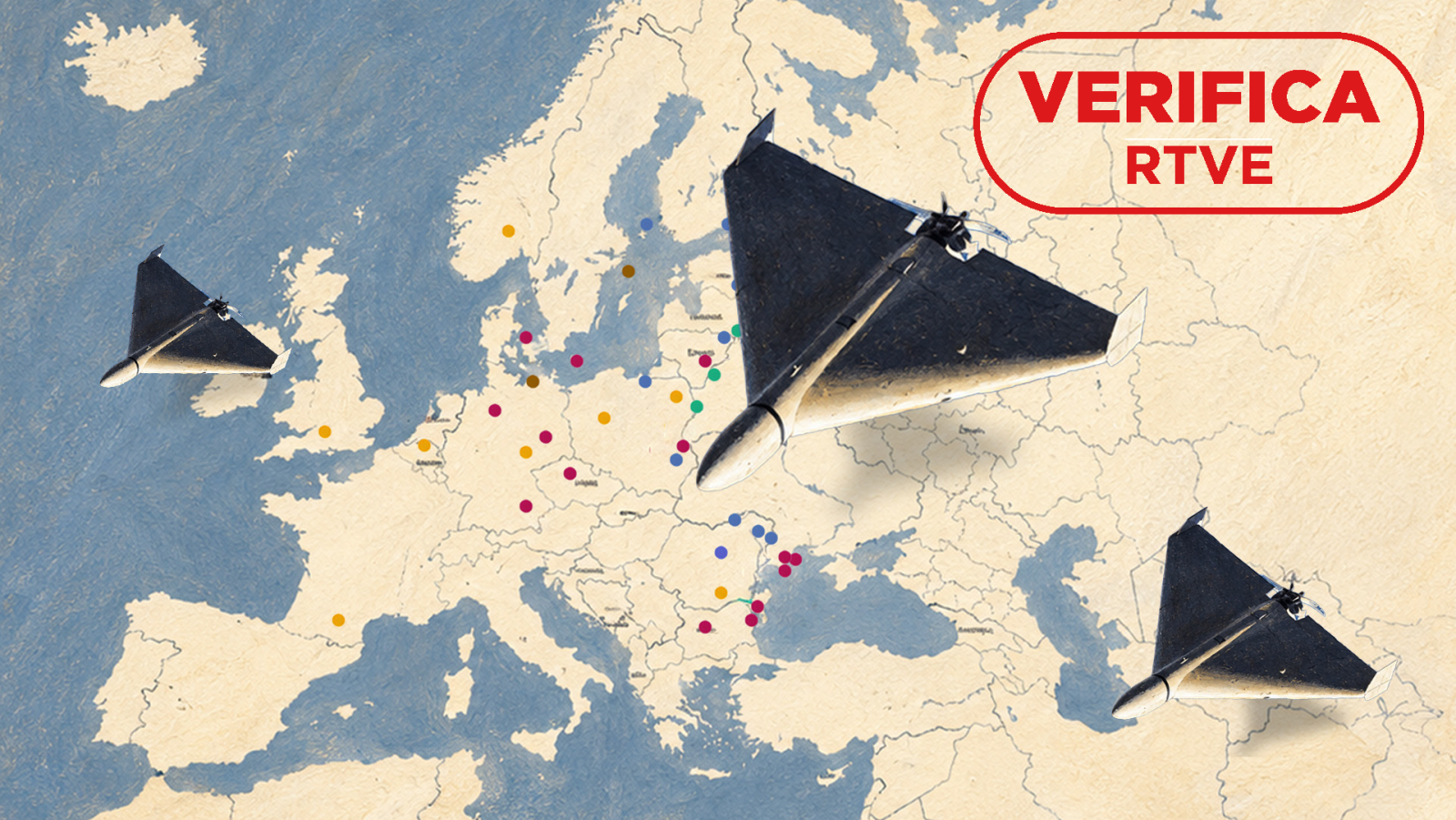 Un mapa de Europa con drones y el sello 'VerificaRTVE'