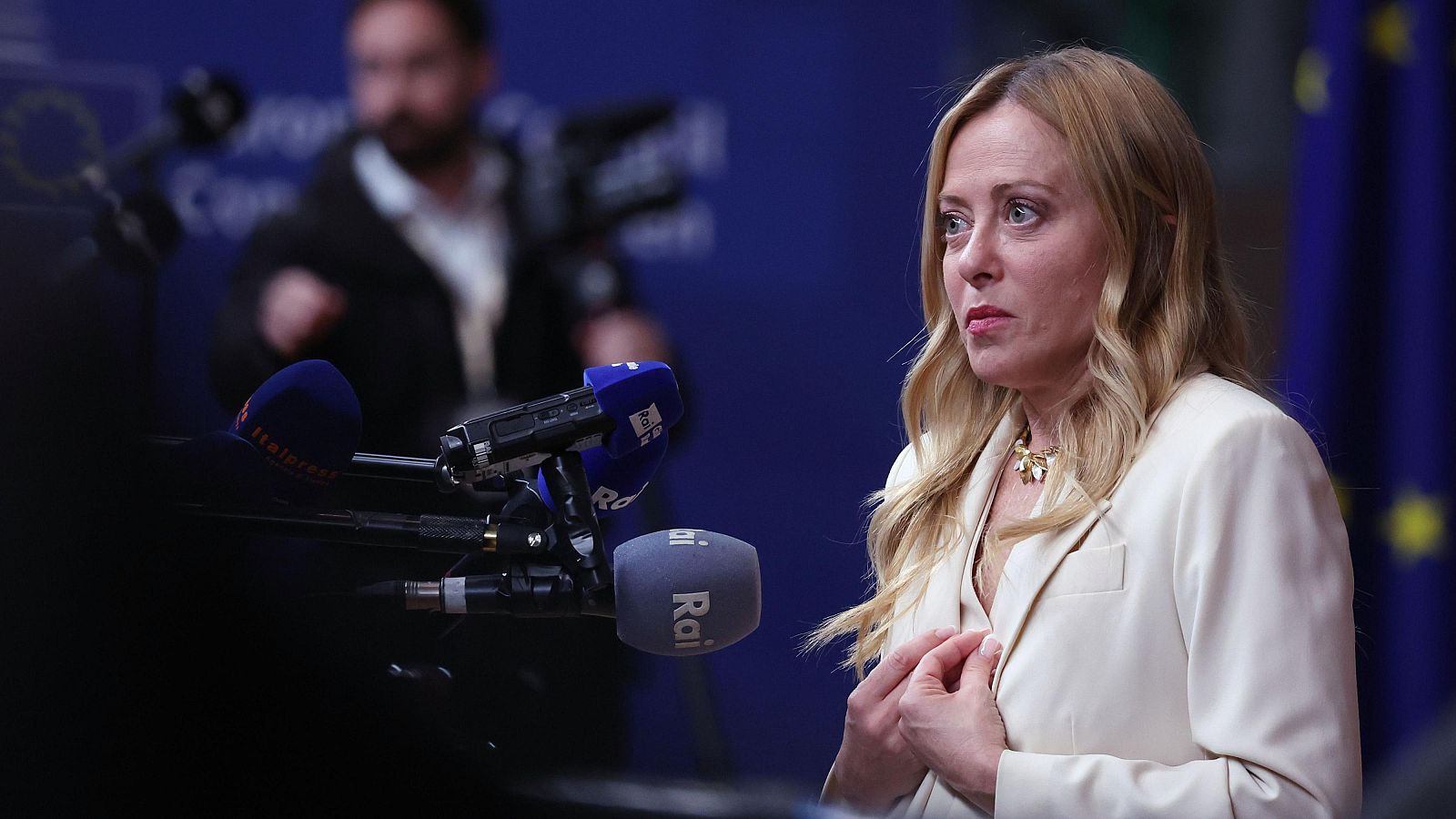 La primera ministra italiana, Giorgia Meloni, tras la reunión del Consejo Europeo el pasado 16 de octubre