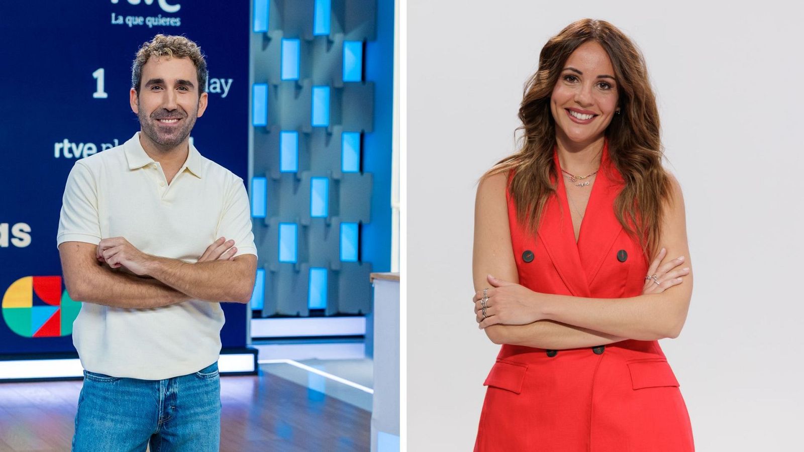 Imagen promocional con los presentadores Aitor Albizua en un plató con decorado azul y Ana Hinestrosa posando con chaleco rojo sobre fondo blanco.