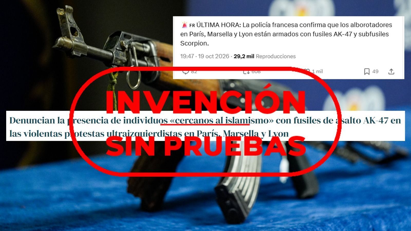 Publicaciones que afirman sin pruebas que había fusiles AK-47 en las protestas de Francia