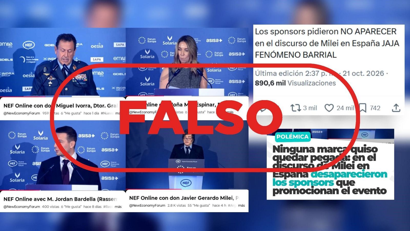 Mensajes en X que afirman que los patrocinadores del acto de Milei en España pidieron no aparecer junto al presidente con el sello 'falso'