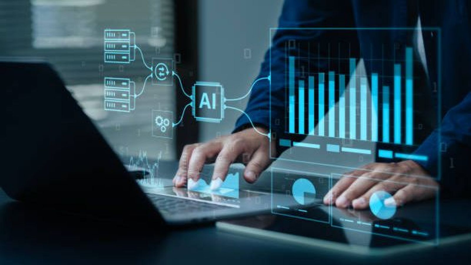 Manos manipulan interfaces digitales y un portátil abierto, mostrando diagramas de flujo y gráficos de datos relacionados con IA en un entorno futurista.