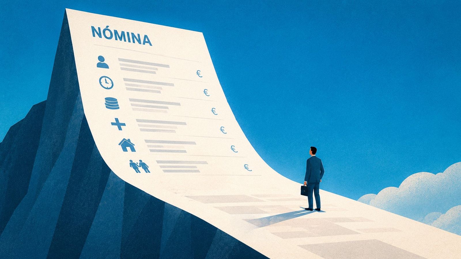 Ilustración de un trabajador observando una nómina con forma de montaña