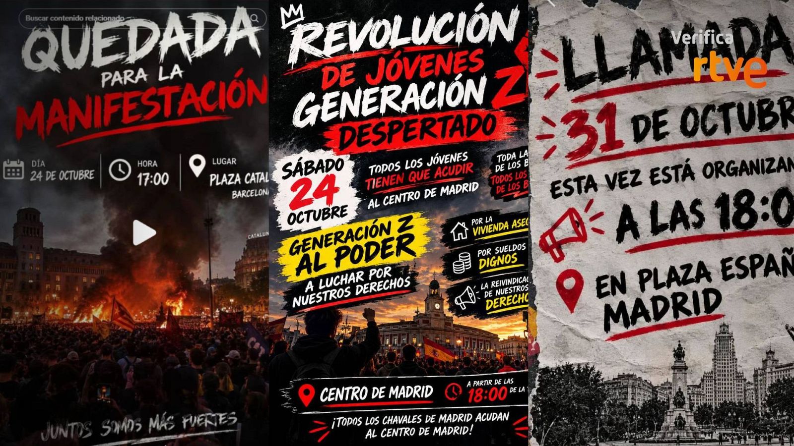 Tres carteles convocando movilizaciones en Barcelona y Madrid el 24 y el 31 de octubre