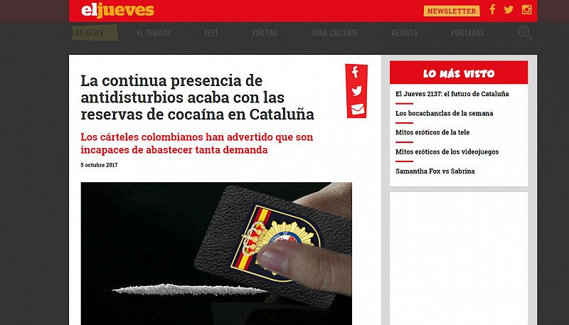 'El Jueves', procesado por injurias por bromear con que la Policía del 1-O acabó con la cocaína de Cataluña