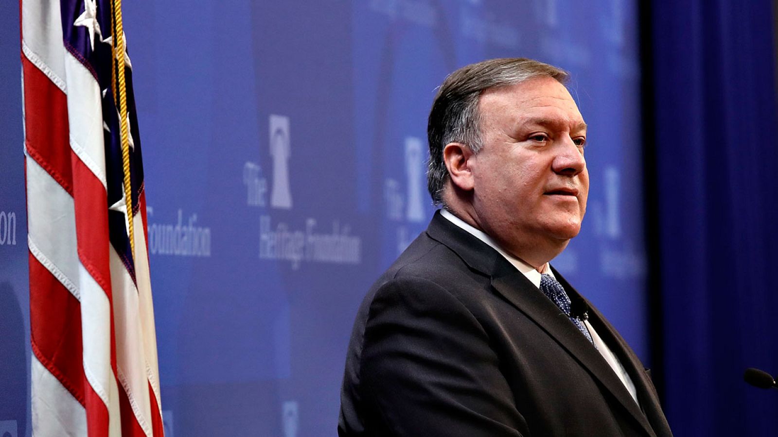 El secretario de Estado de Estados Unidos, Mike Pompeo, durante el discurso en el que ha detallado la estrategia de la Casa Blanca para Irán