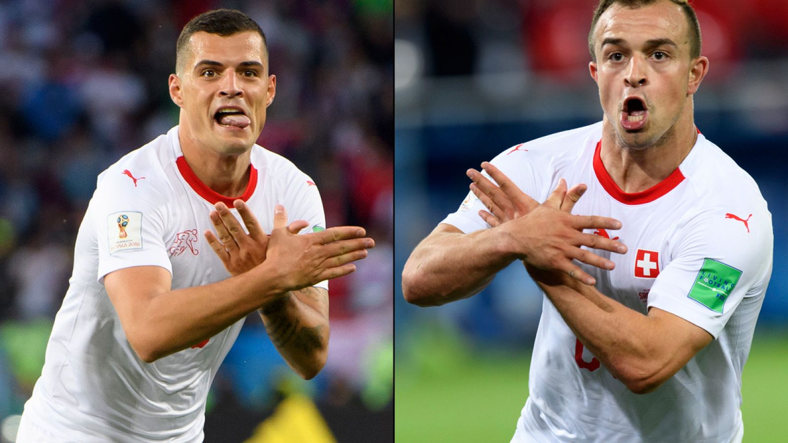 Imagen de las celebraciones de Xhaka y Shaqiri tras anotar sus goles frente a Serbia.