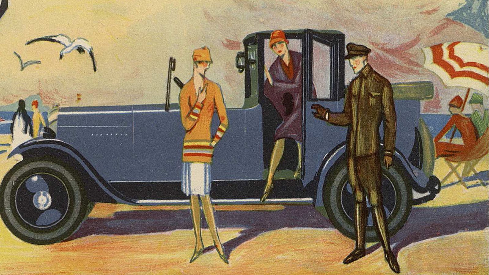 Postal de Automóviles Citrôen utilizada como soporte publicitario en la que se ve el impacto de la 'belle époque' en una escena de playa. 1927. I.G. Seix & Barral. (BNE)