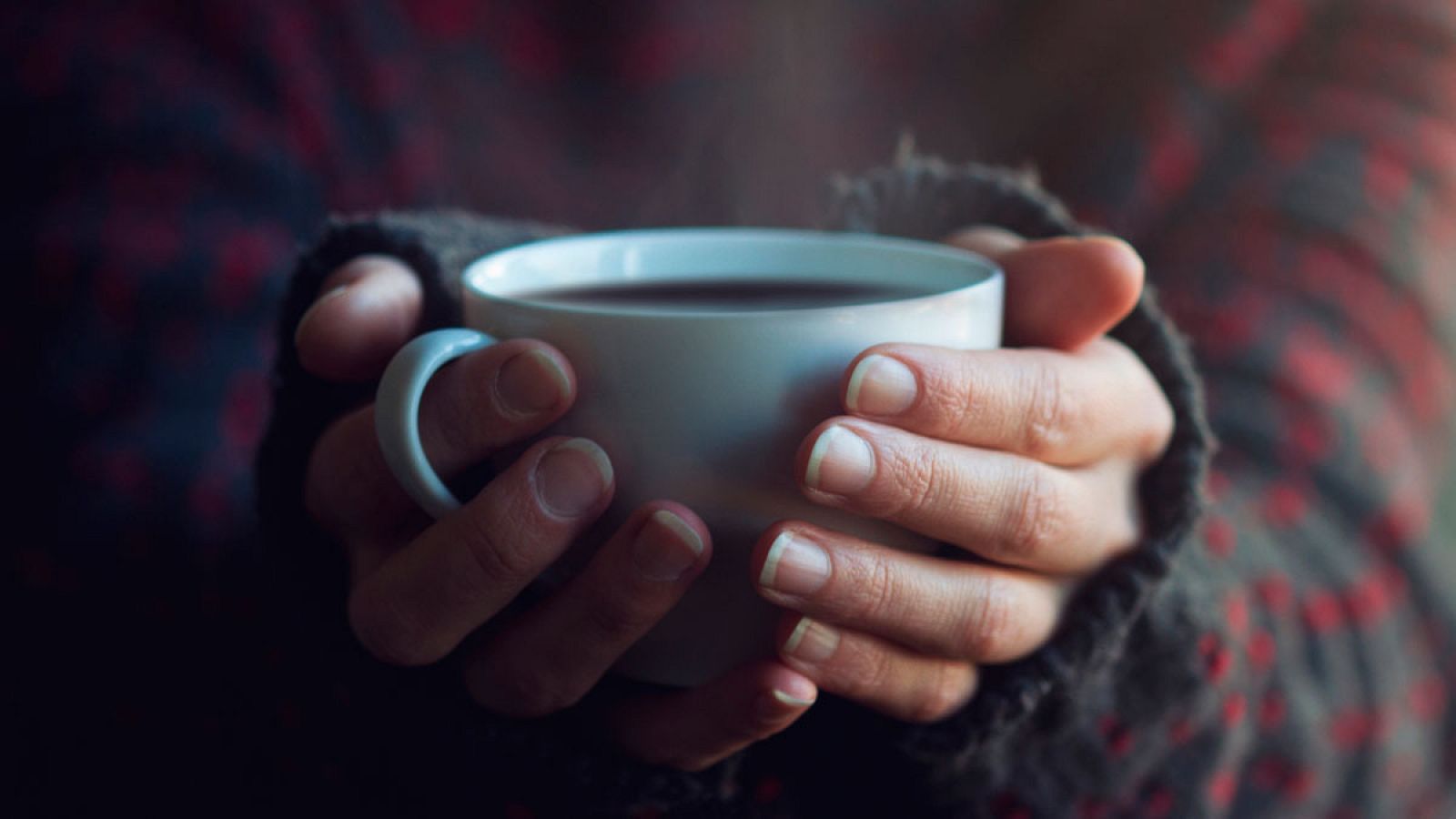Una mujer sostiene una taza caliente con sus manos