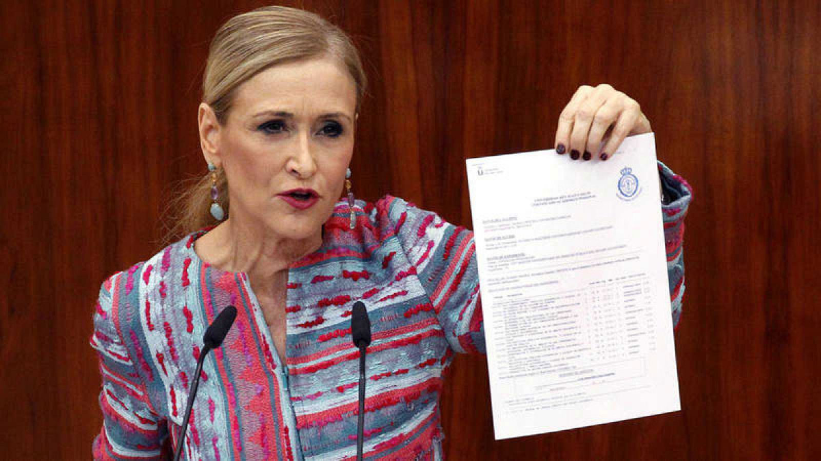 La expresidenta madrileña, Cristina Cifuentes, durante su comparecencia del pasado 4 de abril para dar explicaciones sobre las supuestas irregularidades de su máster