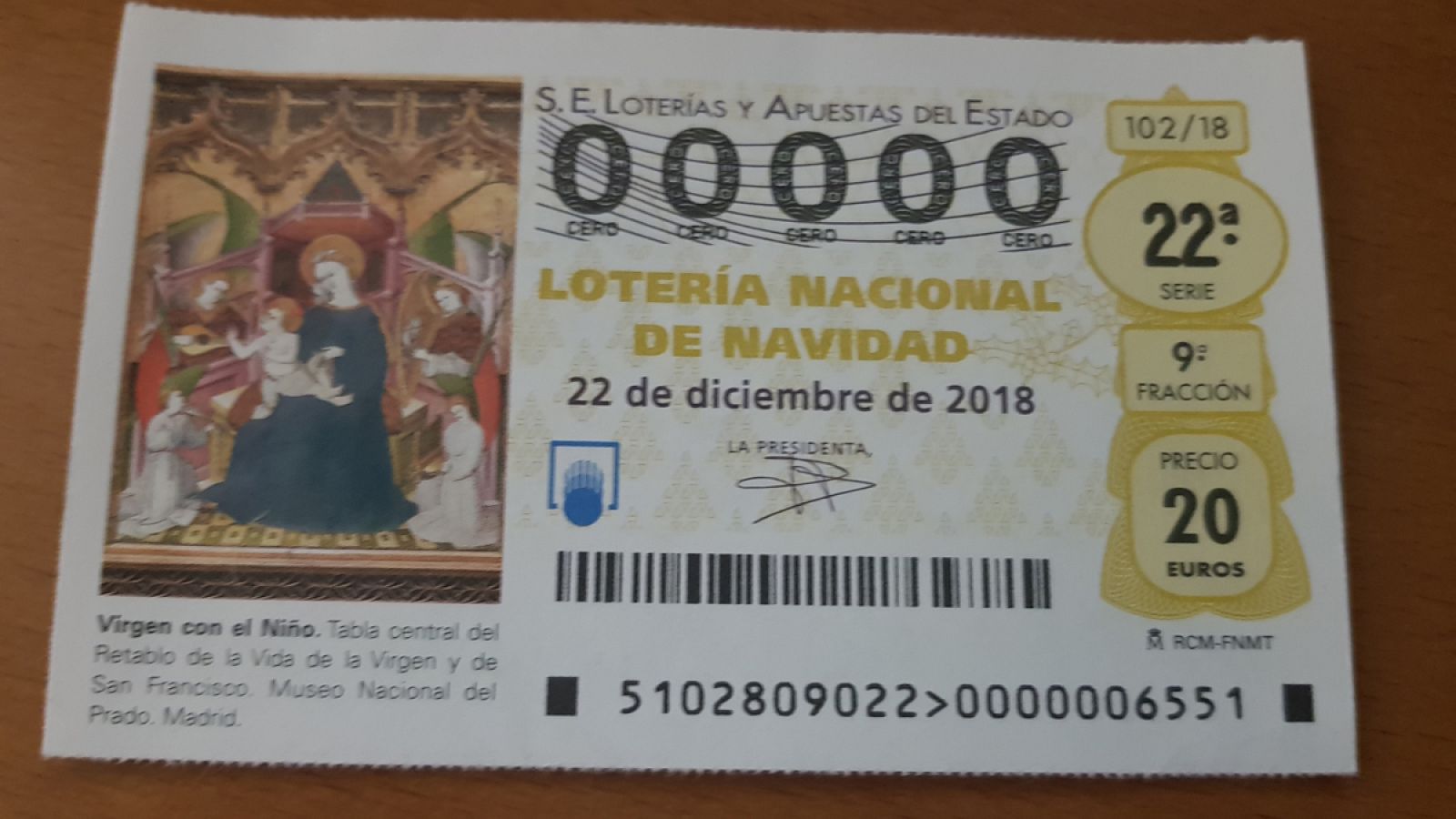 Décimo del 00000 para el sorteo extraordinario del 22 de diciembre de 2018