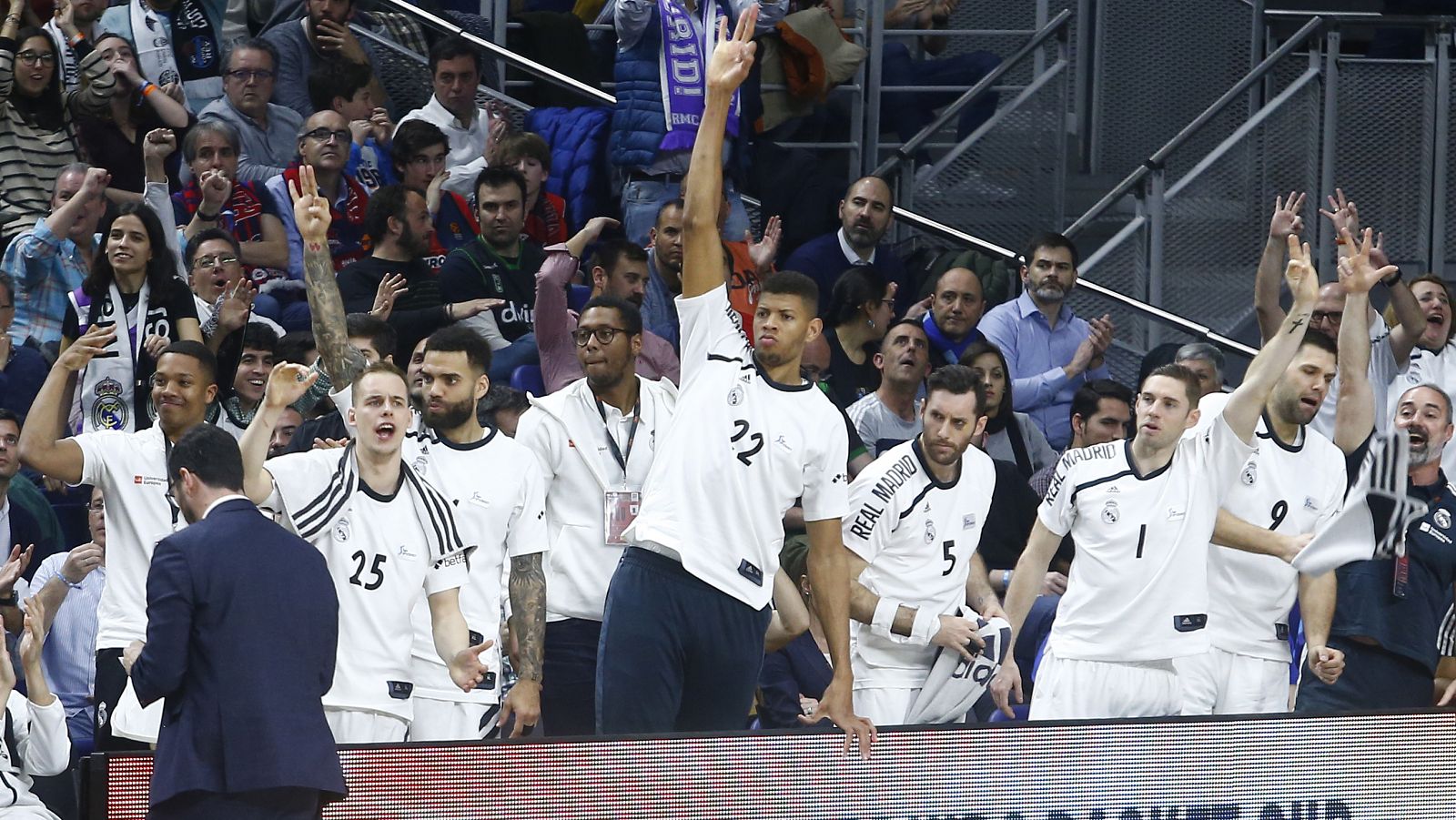 El banquillo del Madrid celebra una canasta del equipo.