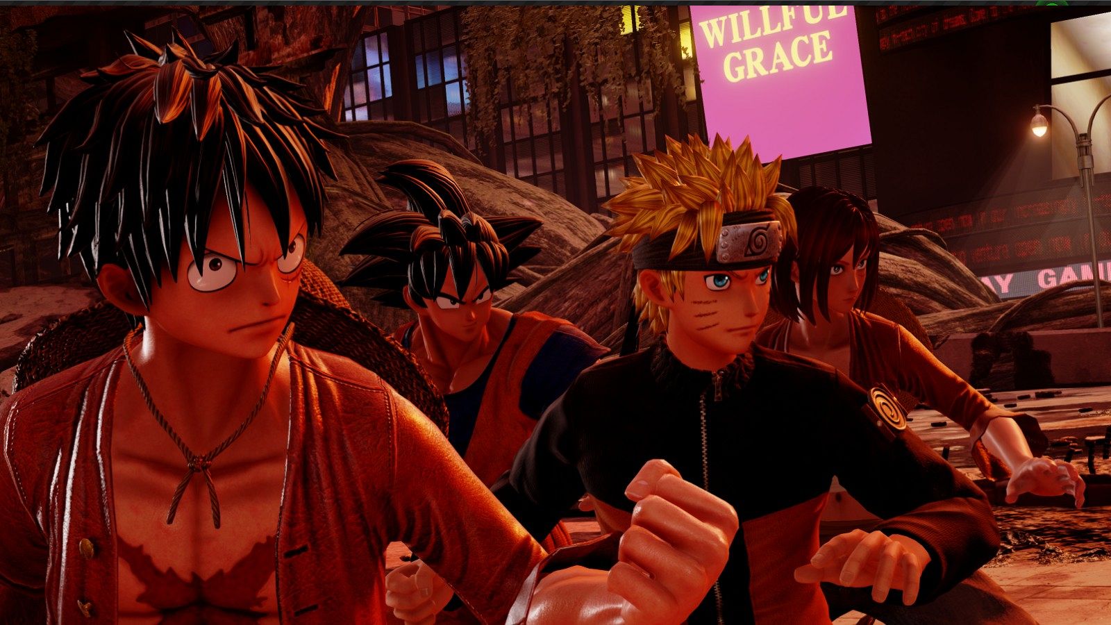 Naruto, Luffy y Son Goku en una captura de pantalla del videojuego 'Jump Force'