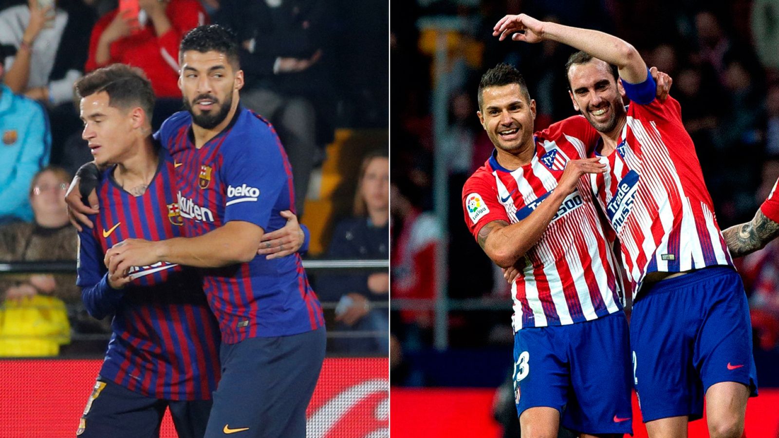 Futbolistas del Barça y del Atleti celebran sendos goles en la jornada del martes