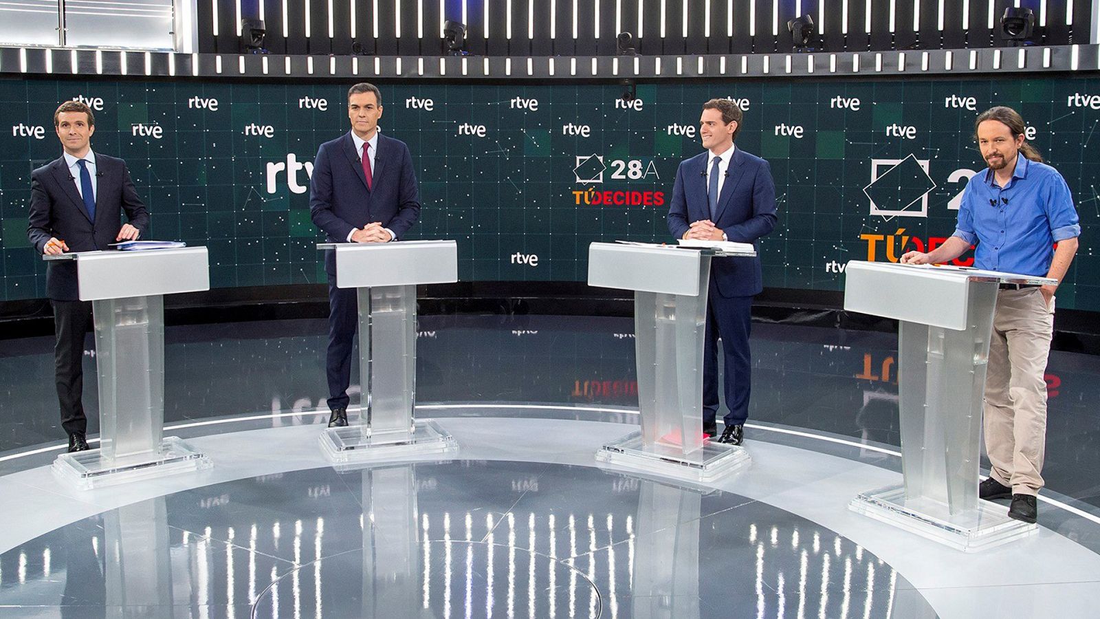 Los candidatos a la Presidencia del Gobierno del PP, PSOE, Cs y U. Podemos antes del debate en RTVE