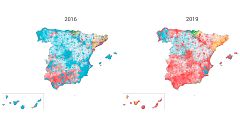 Del azul predominante de 2016 al rojo de 2019: así ha cambiado el mapa de España por municipios