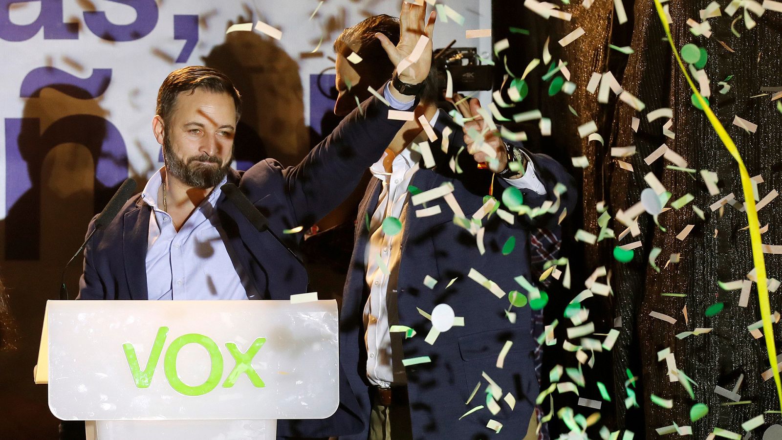 El presidente de Vox, Santiago Abascal, en la noche electoral del 28A.