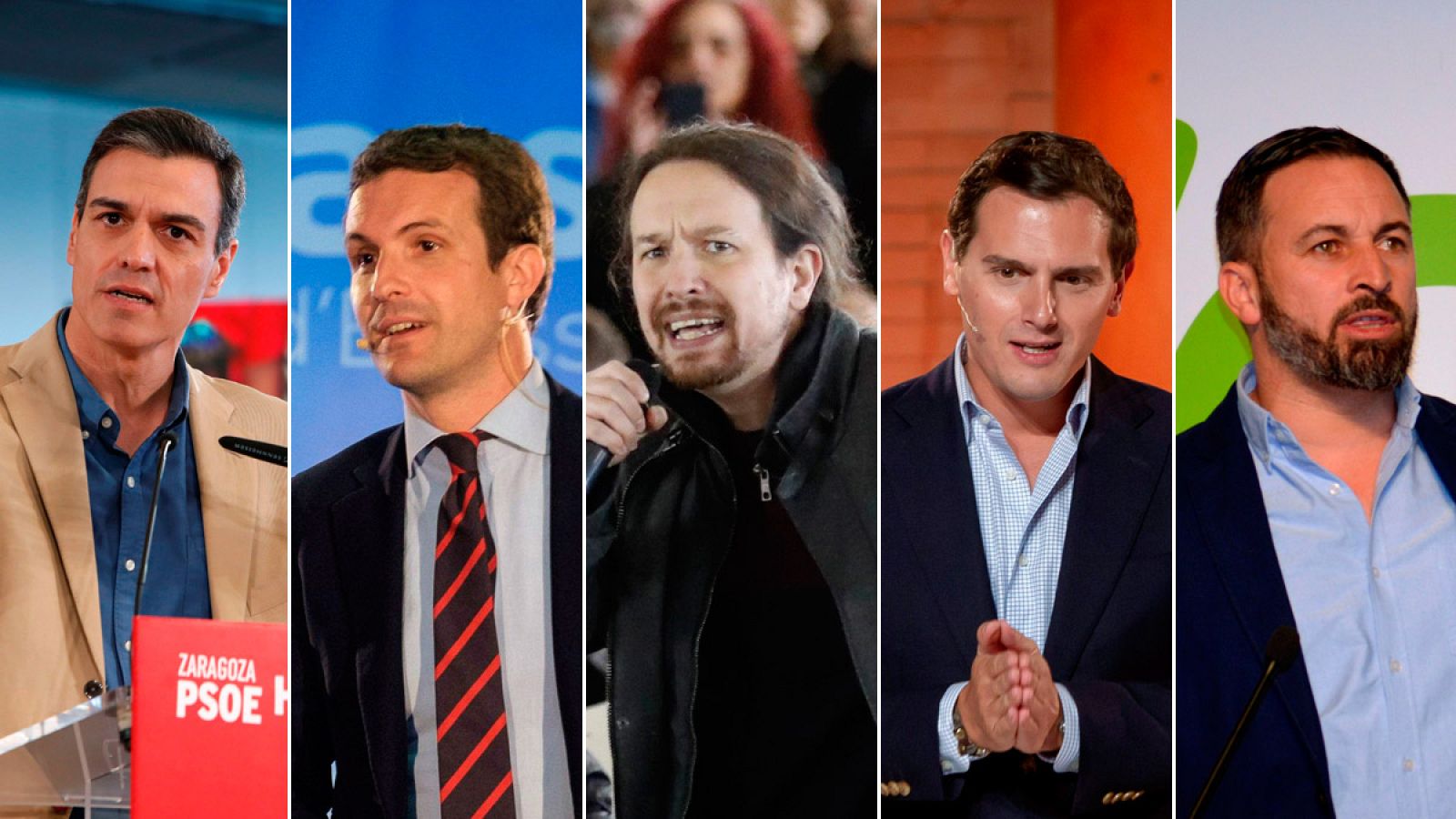 De izquierda a derecha: Pedro Sánchez, Pablo Casado, Pablo Iglesias, Albert Rivera y Santiago Abascal