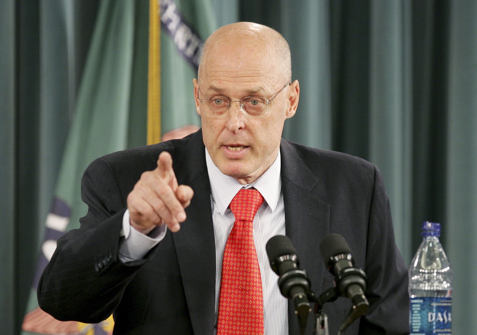 US Treasury Secretary Paulson speaks during a news conference at the Treasury Building in Washington