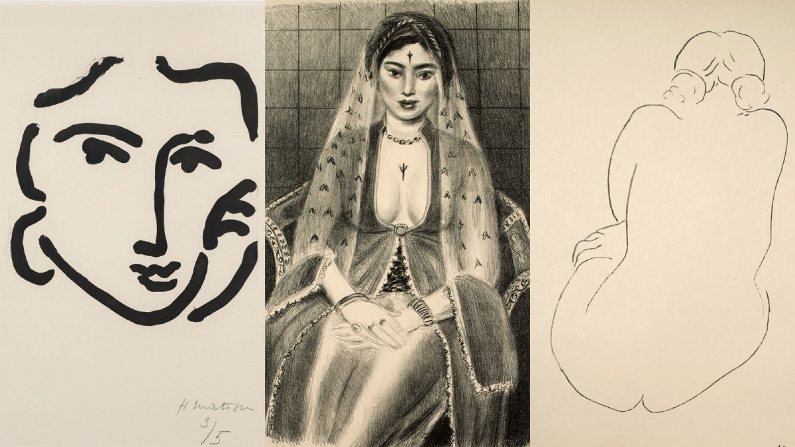 De izq a derecha: 'Nadia con expresión seria', 1948, 'La persa', 1929, 'Desnudo sentado, visto desde atrás', 1913