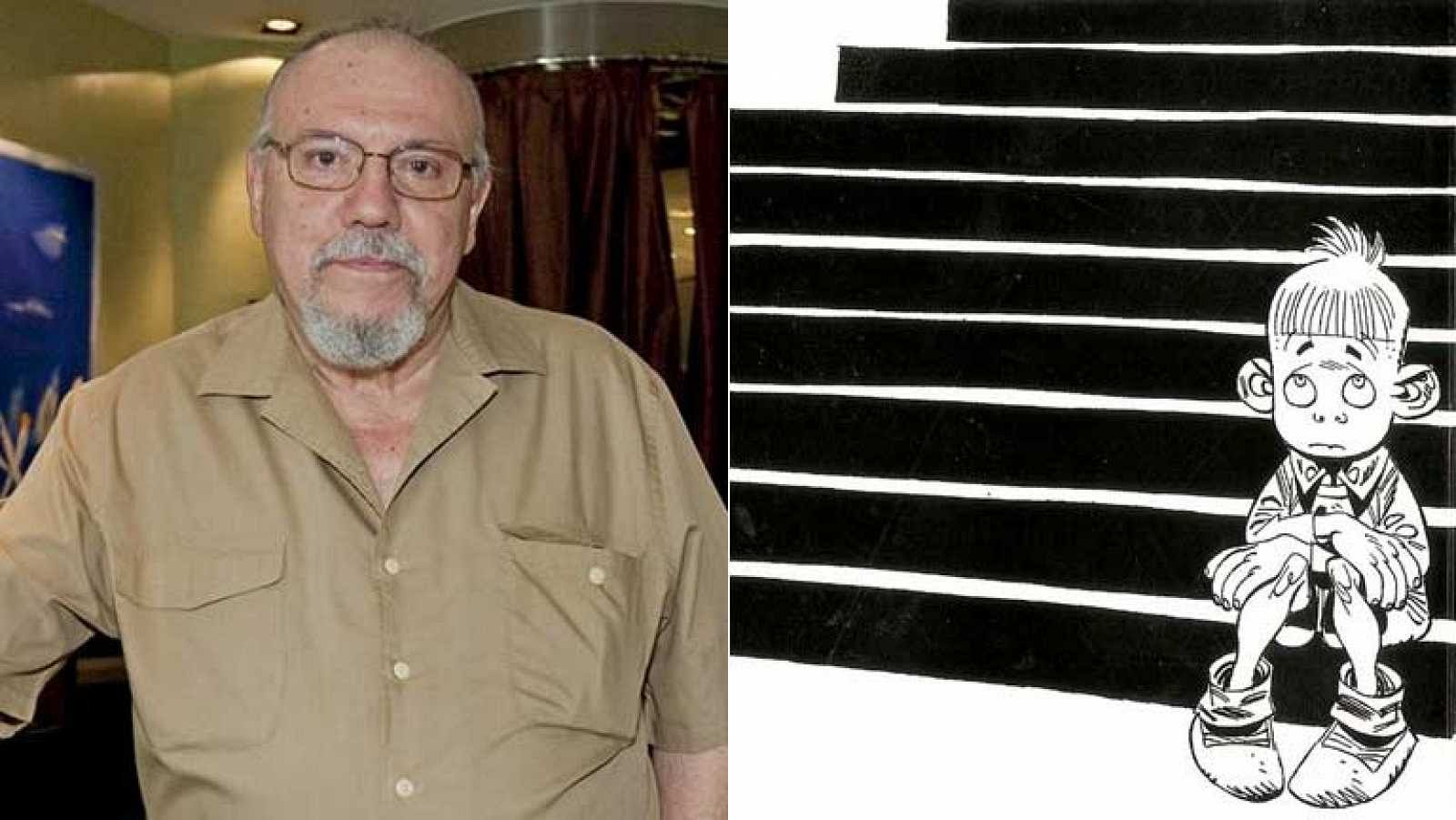 Carlos Giménez y una imágen de 'Paracuellos', una de sus obras maestras