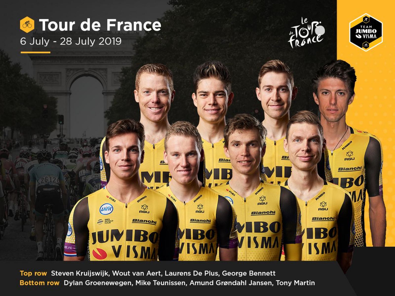 Imagen publicada por el equipo holandés Jumbo Visma con el equiupo elegido para disputar el Tour 2019.