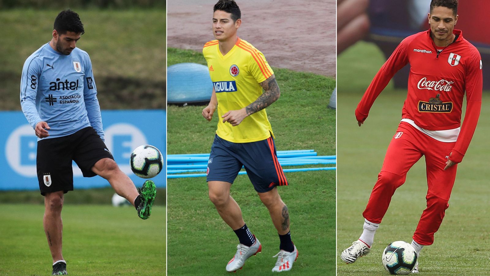 De izquierda a derecha, Luis Suárez (Uruguay), James Rodríguez (Colombia) y Paolo Guerrero (Perú).