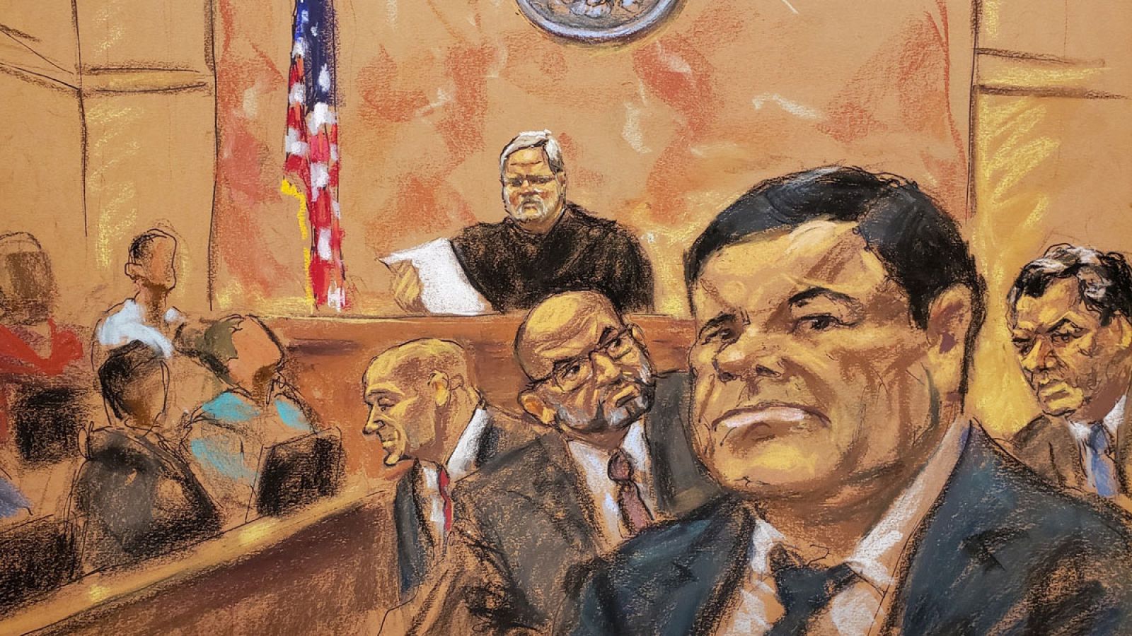 Dibujo de la sesión del juicio a Joaquín "el Chapo" Guzmán del 12 de febrero de 2019.