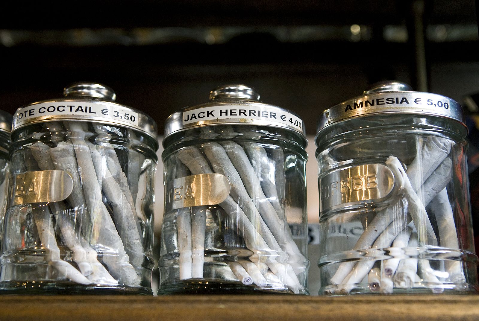 Joints containing different types of cannabis are seen in their jars at a coffee shop in the southern Dutch city of Bergen op Zoom