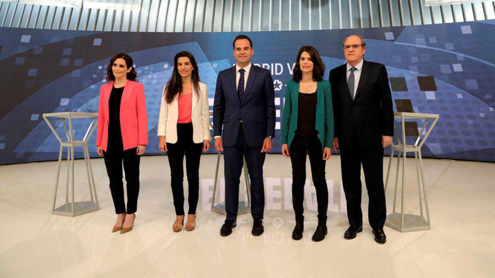 Isabel Aguado (PP), Rocío Monasterio (Vox), Ignacio Aguado (Cs), Isa Serra (Unidas Podemos) y Ángel Gabilondo (PSOE) en el debate de Telemadrid para las elecciones autonómicas