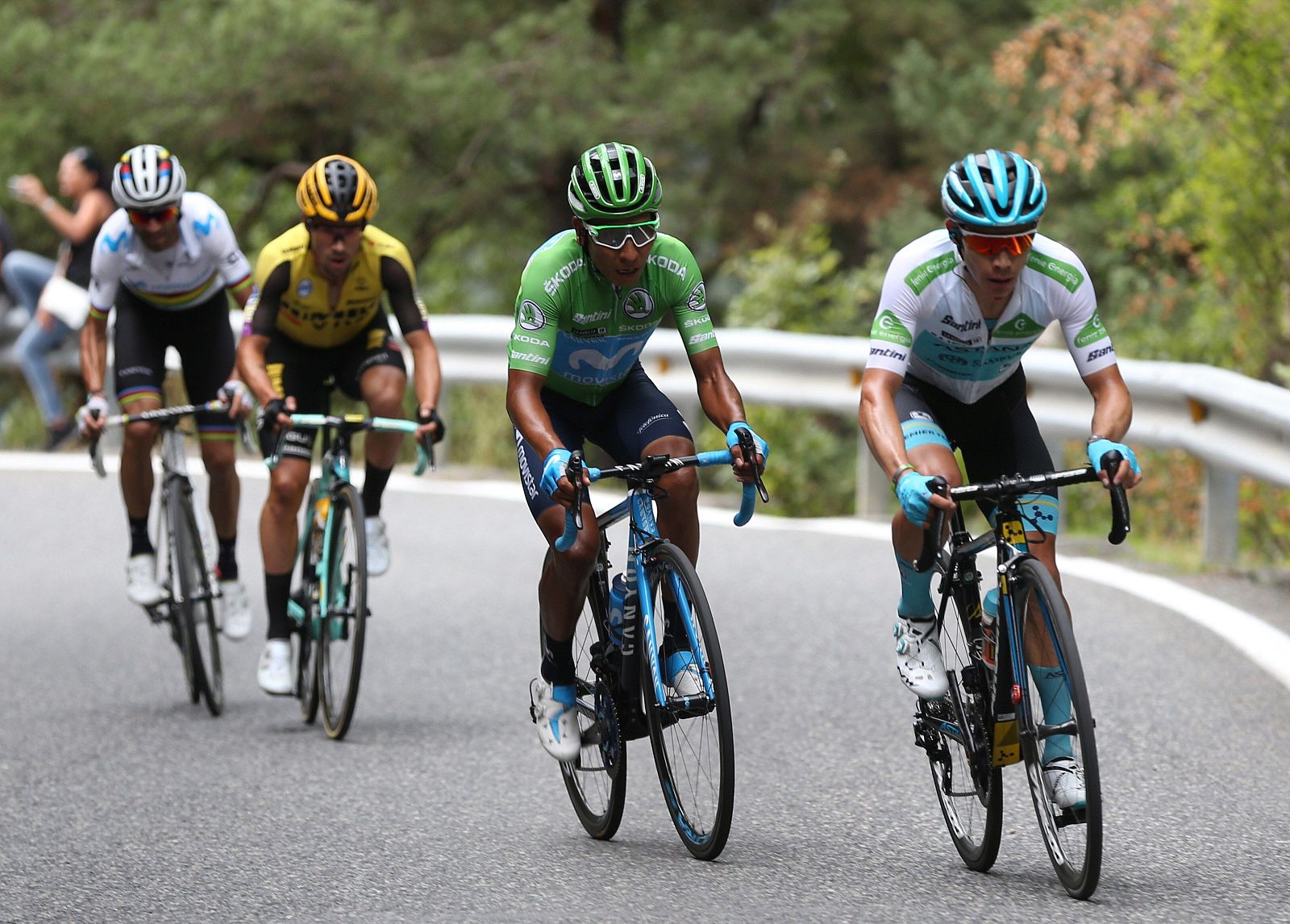 Imagen de los cuatro favoritos a ganar la Vuelta ciclista a España 2019: Alejandro Valverde, Primoz Roglic, Nairo Quintana y Miguel Ángel López.