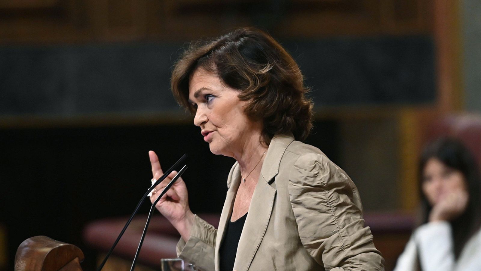 La vicepresidenta en funciones, Carmen Calvo, en su última comparecencia en el Congreso de los Diputados