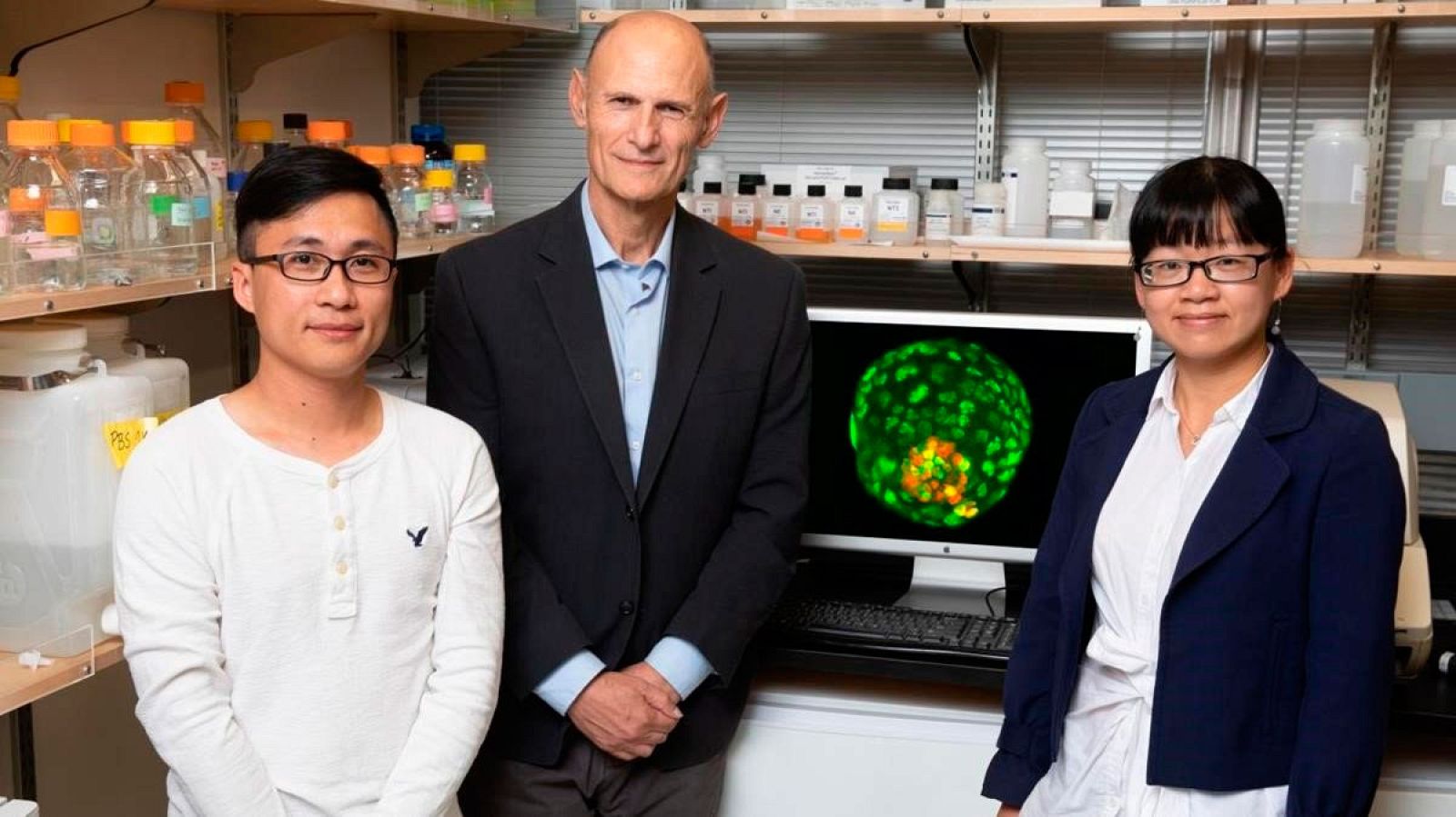 De izquierda a derecha: Ronghui Li, Juan Carlos Izpisúa y Cuiqing Zhong.