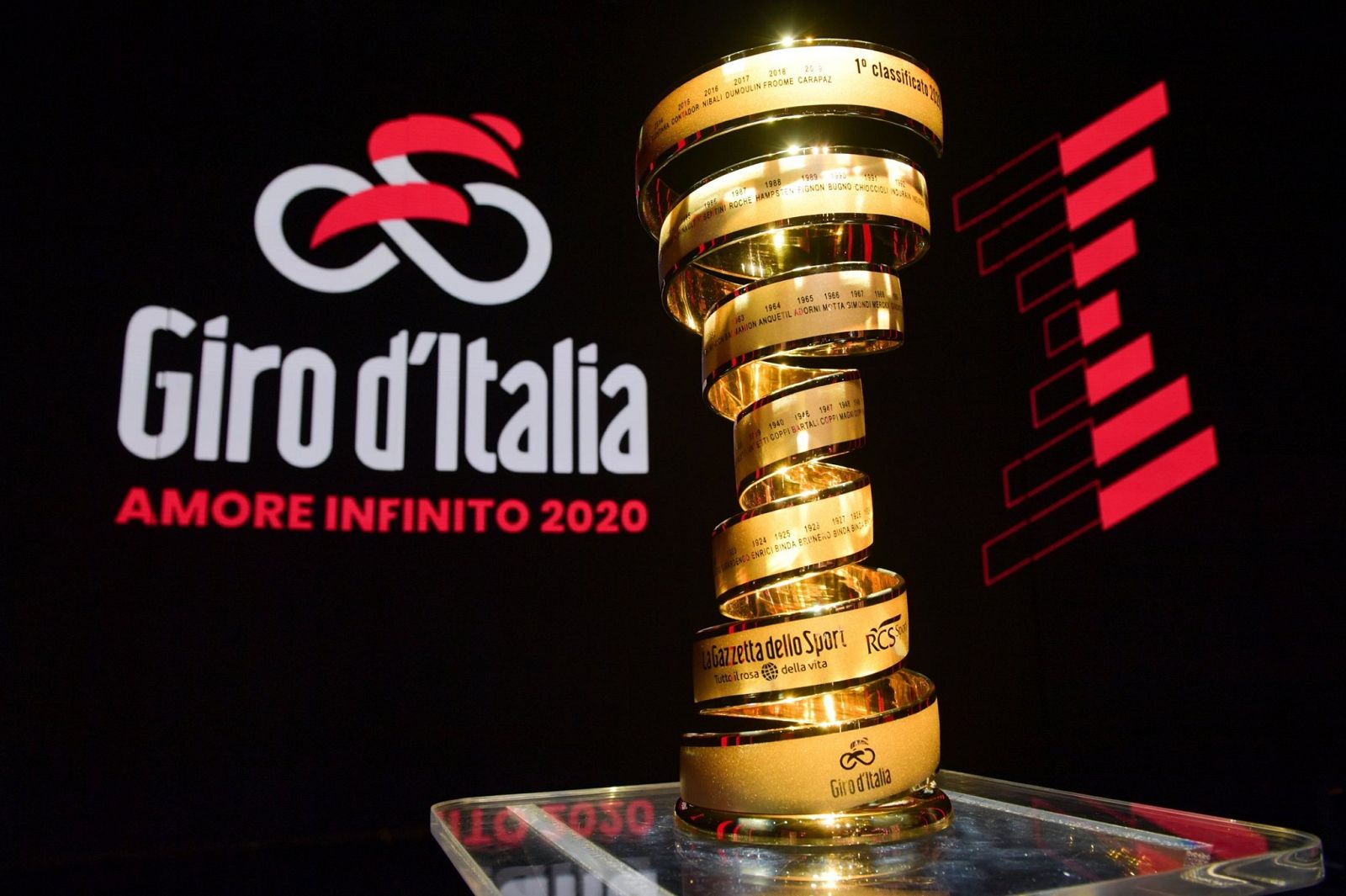 Imagen del trofeo del Giro de Italia durante la presentación de la 103ª edición.