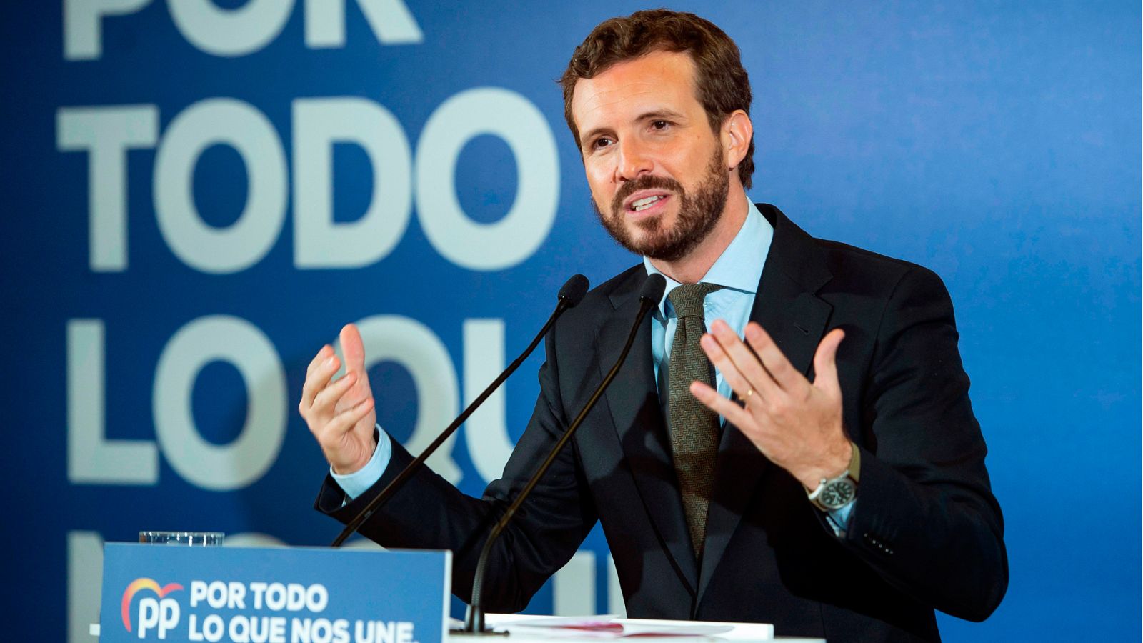 El presidente del PP, Pablo Casado, en un acto electoral en Santander.